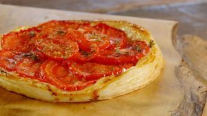 Heritage tomato tart with blow-torched tomato salad
