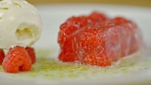 Raspberry jelly with lime syrup and vanilla ice cream