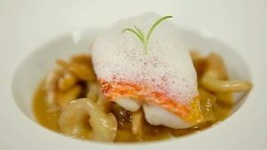 Teriyaki mushroom risotto with red mullet and lime leaf foam