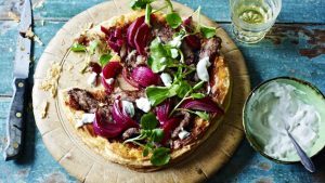 Beef and blue cheese puff pastry pizza