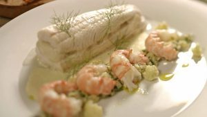 Layered sole with langoustines and cauliflower