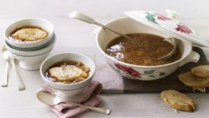 French onion soup with cheese mustard croûtes