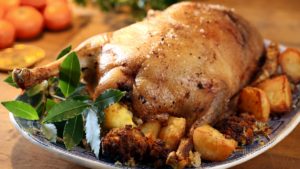 Roast goose with chickpea and lemon stuffing