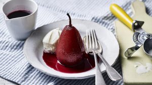Spiced poached pears with blackberries