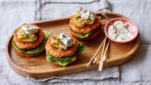 Salmon and dill burger with lemon and caper mayonnaise