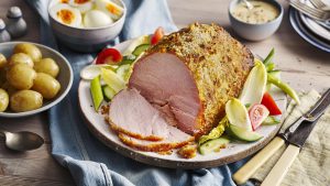 Baked ham with new potatoes and salad cream