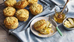 Cheese and chive scones with pear and honey