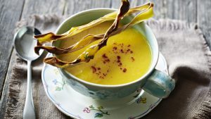Butternut squash soup with peel crisps