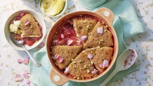 Rhubarb rose strawberry bake with scone topping