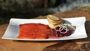 Whisky-cured salmon with beetroot and blinis
