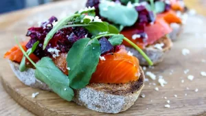 Smoked trout, roasted beetroots and watercress on rye