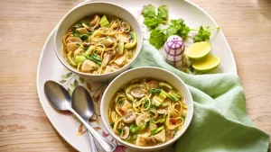 Two steaming bowls of Mary Berry's hearty chicken noodle soup with mushrooms and bok choy. This comforting soup is perfect for a cold winter day.