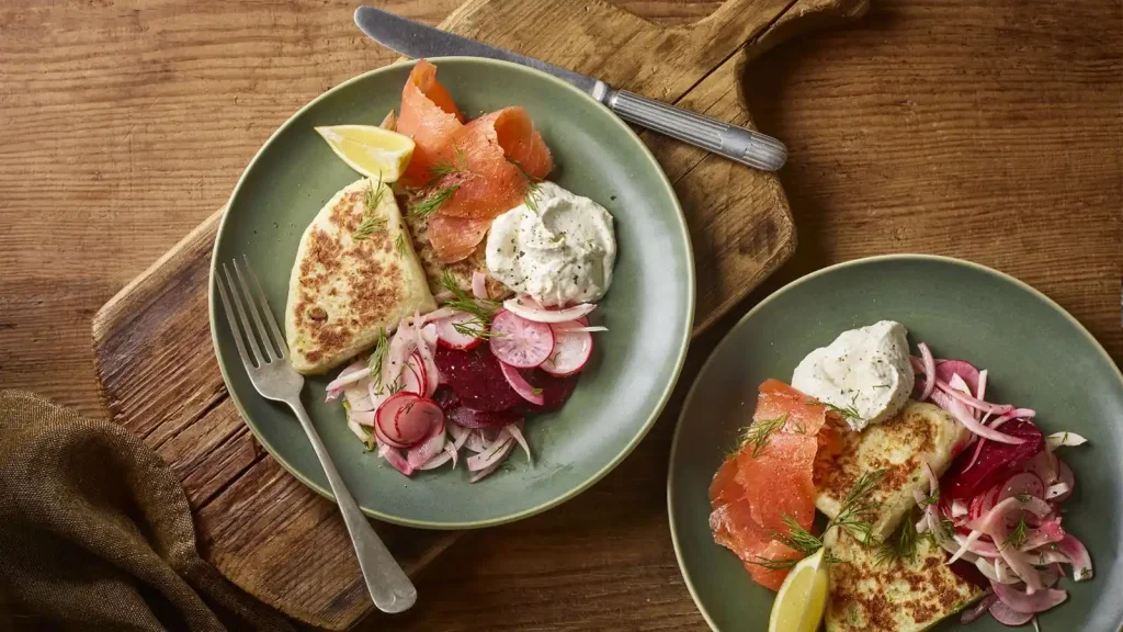 Tattie scones with smoked salmon and beetroot salad recipe