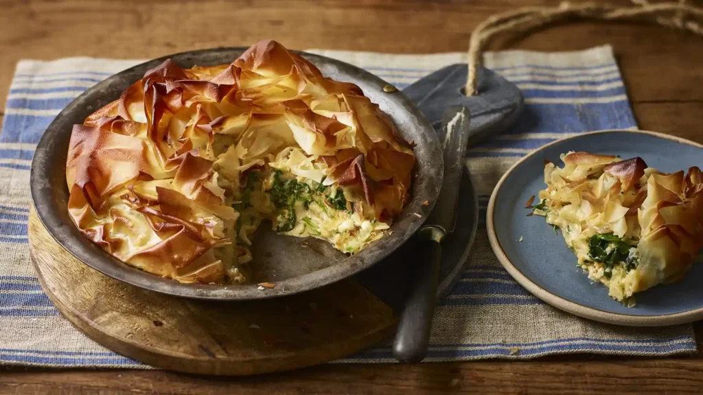 Potato, cheese and spinach filo pie
